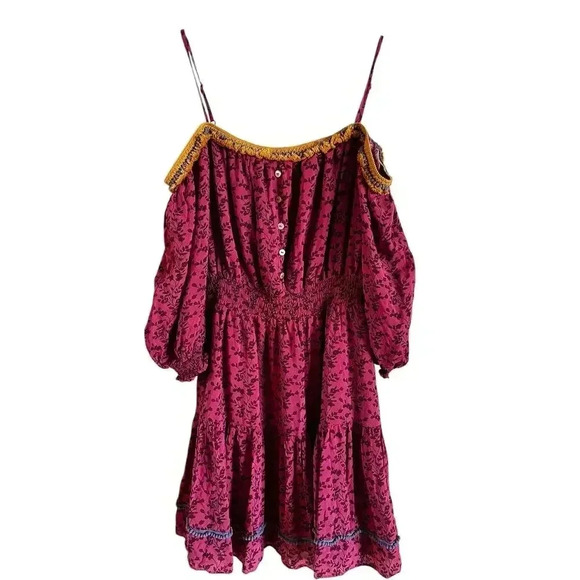Betsey Johnson Vines of Bali Ibis Rose Pink Mini Dress Boho Pompoms Size Medium - Picture 1 of 8